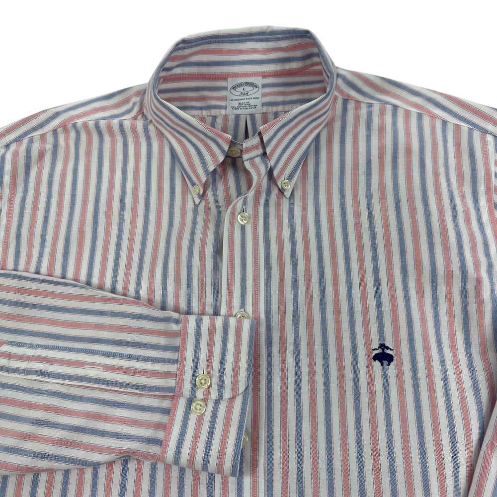 Brooks Brothers 346 Oxford Shirt Mens Large Red Blue Stripe Slim Fit Non Iron - Picture 1 of 8